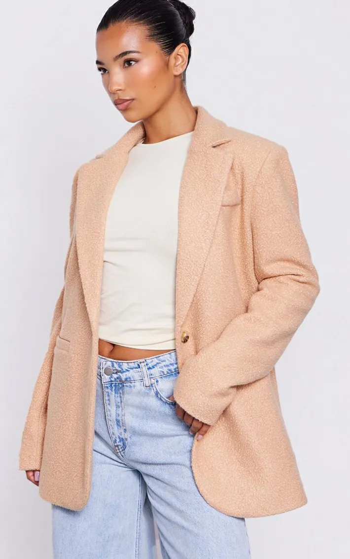 Camel Double Breasted Boucle Borg Blazer