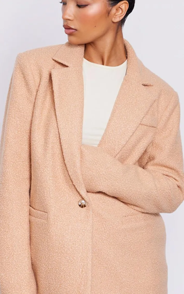 Camel Double Breasted Boucle Borg Blazer