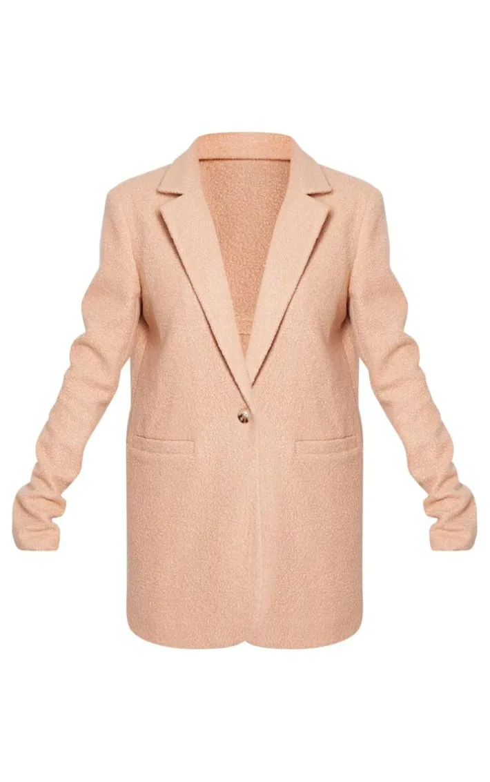 Camel Double Breasted Boucle Borg Blazer