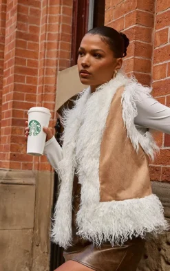 PrettyLittleThing Faux Fur Coats*Faux Fur Trim Faux Suede Vest