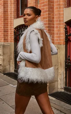 PrettyLittleThing Faux Fur Coats*Faux Fur Trim Faux Suede Vest
