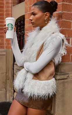 PrettyLittleThing Faux Fur Coats*Faux Fur Trim Faux Suede Vest
