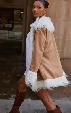 PrettyLittleThing Faux Fur Coats*Faux Fur Trim Faux Suede Coat