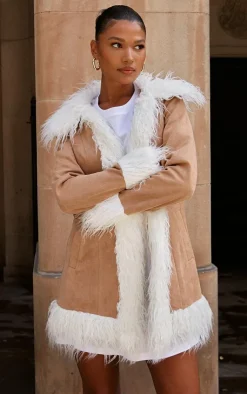 PrettyLittleThing Faux Fur Coats*Faux Fur Trim Faux Suede Coat