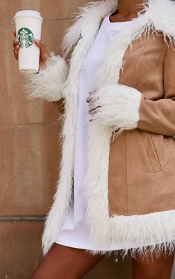 PrettyLittleThing Faux Fur Coats*Faux Fur Trim Faux Suede Coat