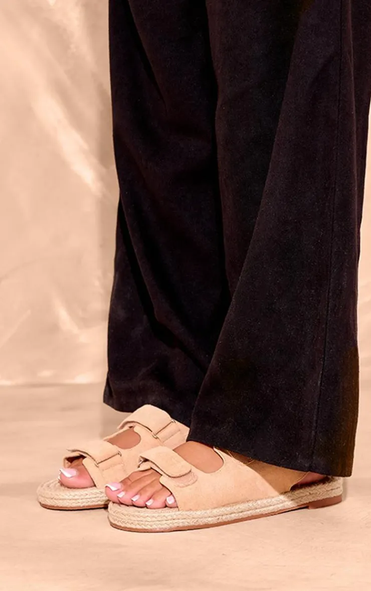 PrettyLittleThing Flat Sandals*Faux Suede Espadrille Sole Velcro Sandals