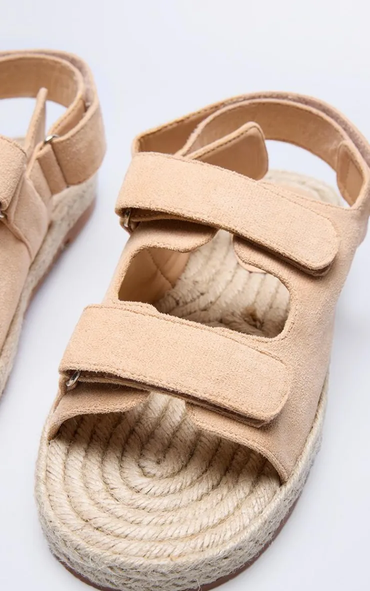 PrettyLittleThing Flat Sandals*Faux Suede Espadrille Sole Velcro Sandals