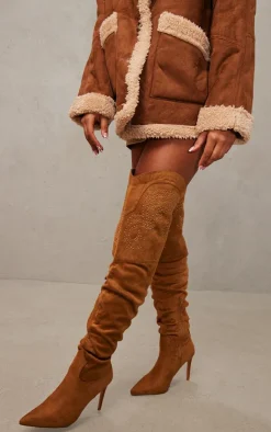 PrettyLittleThing Over The Knee Boots*Faux Suede Point Toe Studded Over The Knee Heeled Western Boots