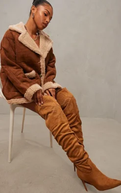 PrettyLittleThing Over The Knee Boots*Faux Suede Point Toe Studded Over The Knee Heeled Western Boots