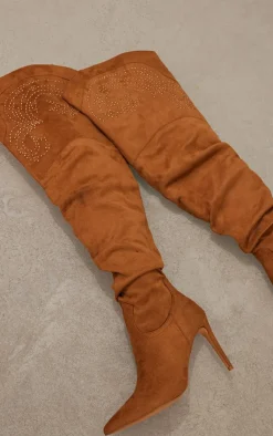 PrettyLittleThing Over The Knee Boots*Faux Suede Point Toe Studded Over The Knee Heeled Western Boots