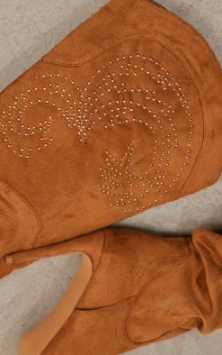 PrettyLittleThing Over The Knee Boots*Faux Suede Point Toe Studded Over The Knee Heeled Western Boots
