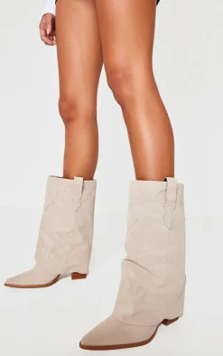 PrettyLittleThing Heeled Boots*Faux Suede Point Toe Block Heel Fold Over Western Boots