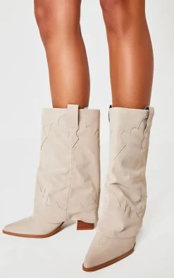 PrettyLittleThing Heeled Boots*Faux Suede Point Toe Block Heel Fold Over Western Boots