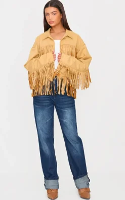 Camel Faux Suede Western Fringe Detail Jacket