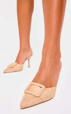 PrettyLittleThing Wide Fit Heels*Faux Suede Wide Fit Buckle Point Toe Heeled Mules