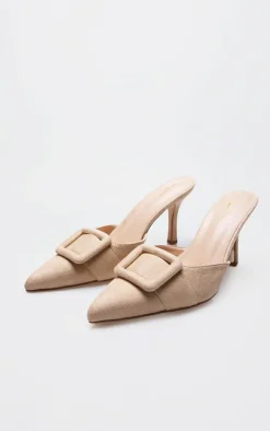 PrettyLittleThing Wide Fit Heels*Faux Suede Wide Fit Buckle Point Toe Heeled Mules