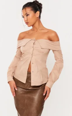 PrettyLittleThing Shirts*Fold Over Edge Off Shoulder Shirt