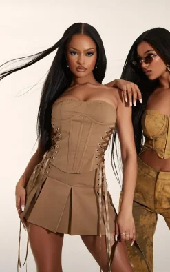 Outlet PrettyLittleThing Lace Up Corset Top Camel