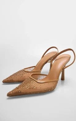PrettyLittleThing Low Heels*Mesh Diamante High Stiletto Sling Back Court Heels