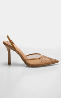 PrettyLittleThing Low Heels*Mesh Diamante High Stiletto Sling Back Court Heels