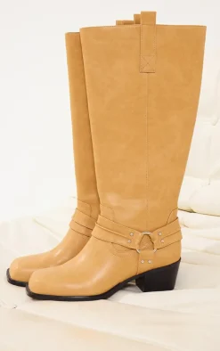 PrettyLittleThing Knee High Boots*Camel Pu Square Toe Buckle Detail Knee High Boots