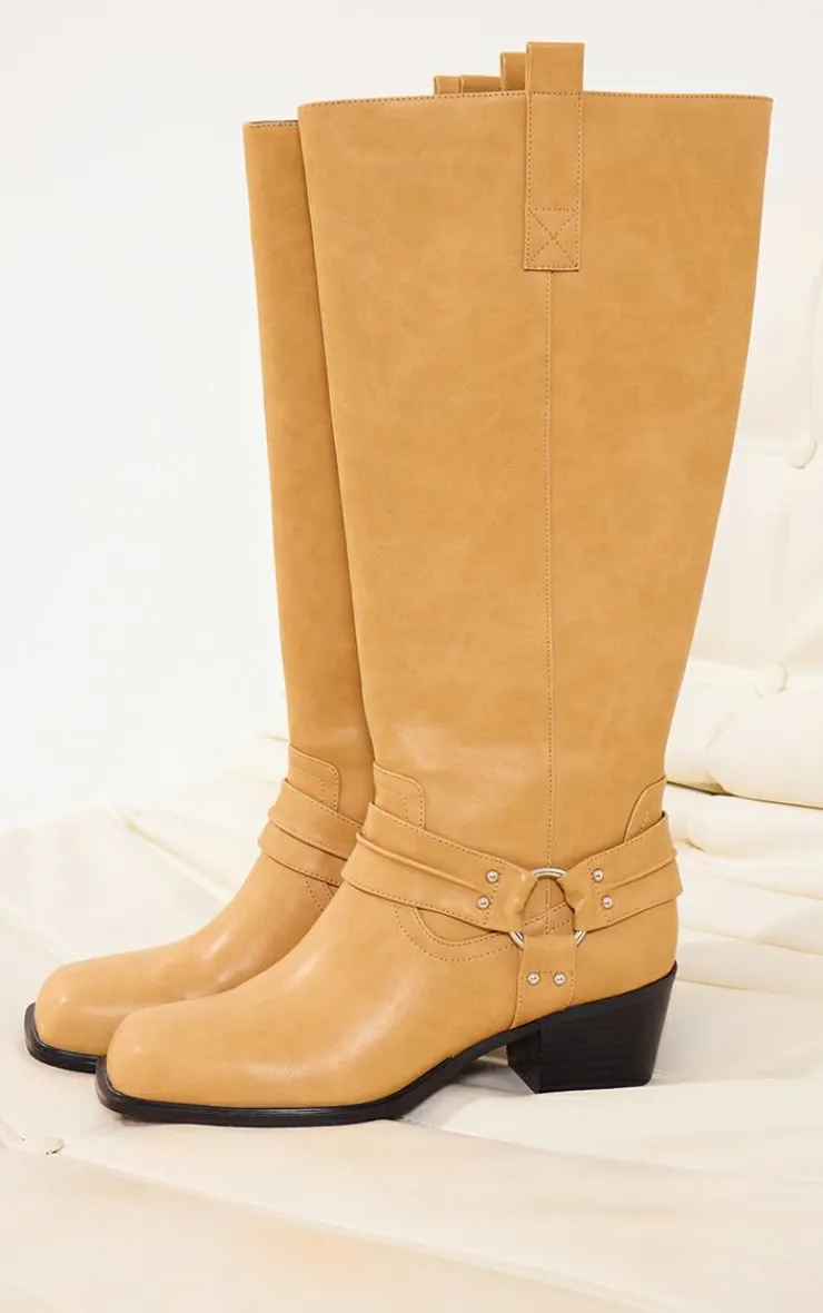 PrettyLittleThing Knee High Boots*Camel Pu Square Toe Buckle Detail Knee High Boots