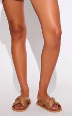 PrettyLittleThing Flat Sandals*Real Leather Round Toe Strap Over Quilted Strap Footbed Sandals