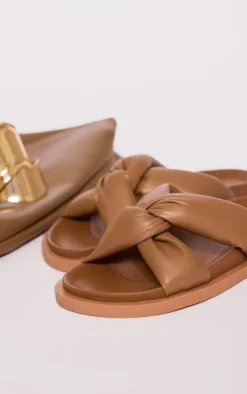 PrettyLittleThing Flat Sandals*Real Leather Round Toe Strap Over Quilted Strap Footbed Sandals