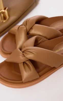 PrettyLittleThing Flat Sandals*Real Leather Round Toe Strap Over Quilted Strap Footbed Sandals