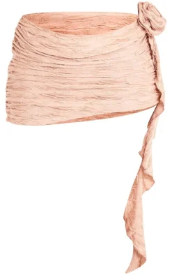 PrettyLittleThing Sheer Textured Distressed Lace Halterneck Rosette Micro Mini Skirt Camel
