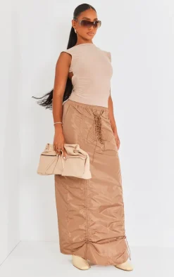 Camel Shell Ruched Front Toggle Detail Cargo Maxi Skirt