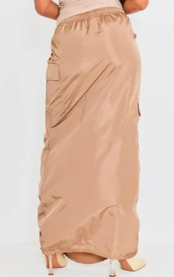 Camel Shell Ruched Front Toggle Detail Cargo Maxi Skirt