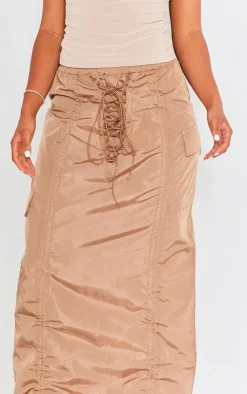 Camel Shell Ruched Front Toggle Detail Cargo Maxi Skirt
