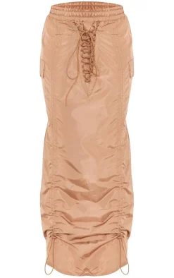Camel Shell Ruched Front Toggle Detail Cargo Maxi Skirt