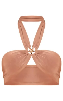 Best PrettyLittleThing Slinky Bardot Starfish Crop Top Camel