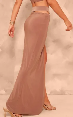 Online PrettyLittleThing Slinky Star Fish Trim Cut Out Maxi Skirt Camel