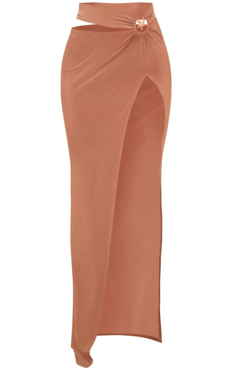 Online PrettyLittleThing Slinky Star Fish Trim Cut Out Maxi Skirt Camel