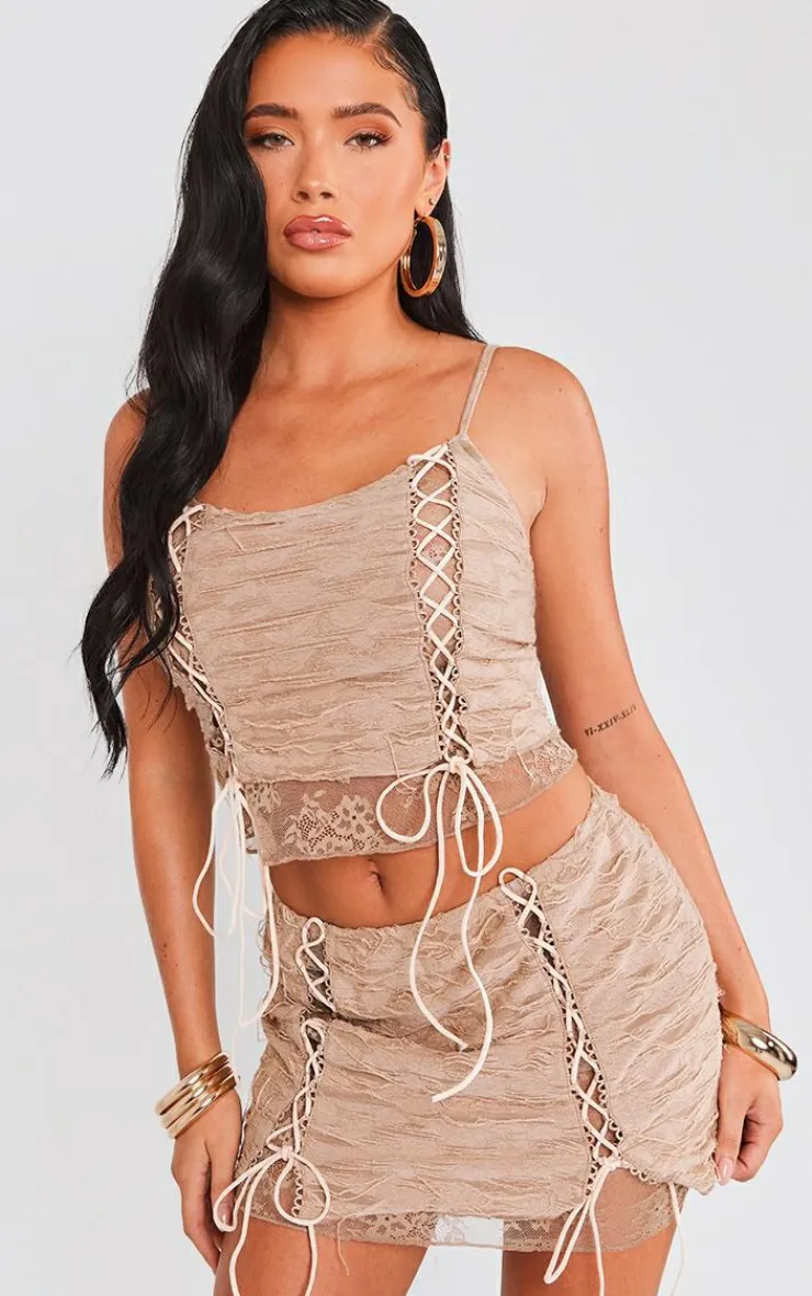 Outlet PrettyLittleThing Textured Distressed Lace Tie Front Low Rise Micro Mini Skirt Camel