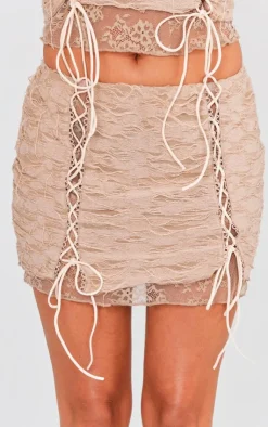 Outlet PrettyLittleThing Textured Distressed Lace Tie Front Low Rise Micro Mini Skirt Camel