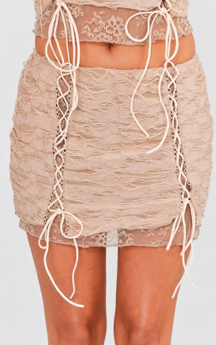 Outlet PrettyLittleThing Textured Distressed Lace Tie Front Low Rise Micro Mini Skirt Camel