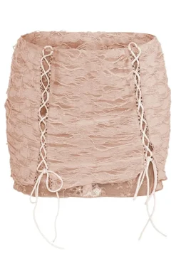 Outlet PrettyLittleThing Textured Distressed Lace Tie Front Low Rise Micro Mini Skirt Camel