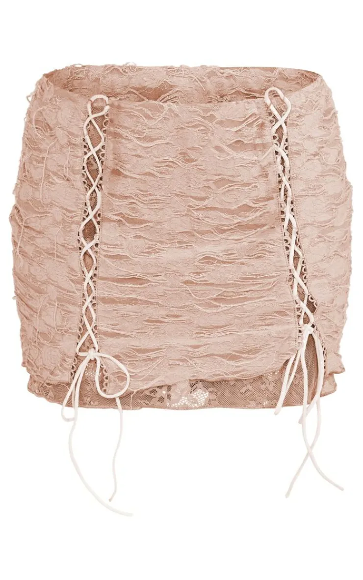 Outlet PrettyLittleThing Textured Distressed Lace Tie Front Low Rise Micro Mini Skirt Camel