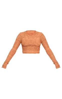 Discount PrettyLittleThing Textured Long Sleeve Crop Top Camel