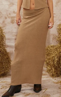 Clearance PrettyLittleThing Textured Sheer Rib Low Rise Midi Skirt Camel