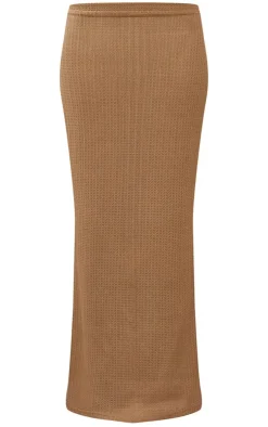 Clearance PrettyLittleThing Textured Sheer Rib Low Rise Midi Skirt Camel