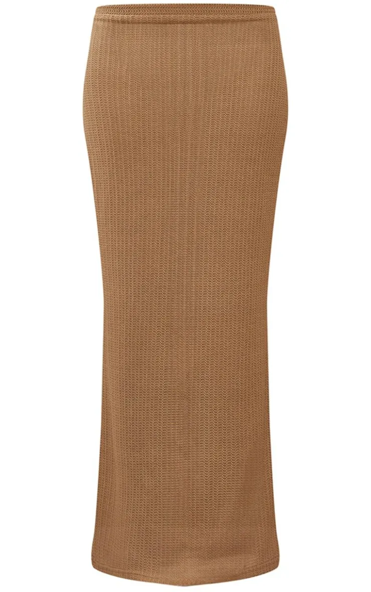 Clearance PrettyLittleThing Textured Sheer Rib Low Rise Midi Skirt Camel