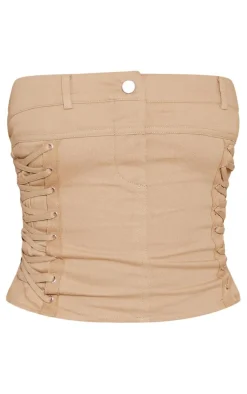 Best PrettyLittleThing Twill Waistband Detail Lace Up Side Corset Camel