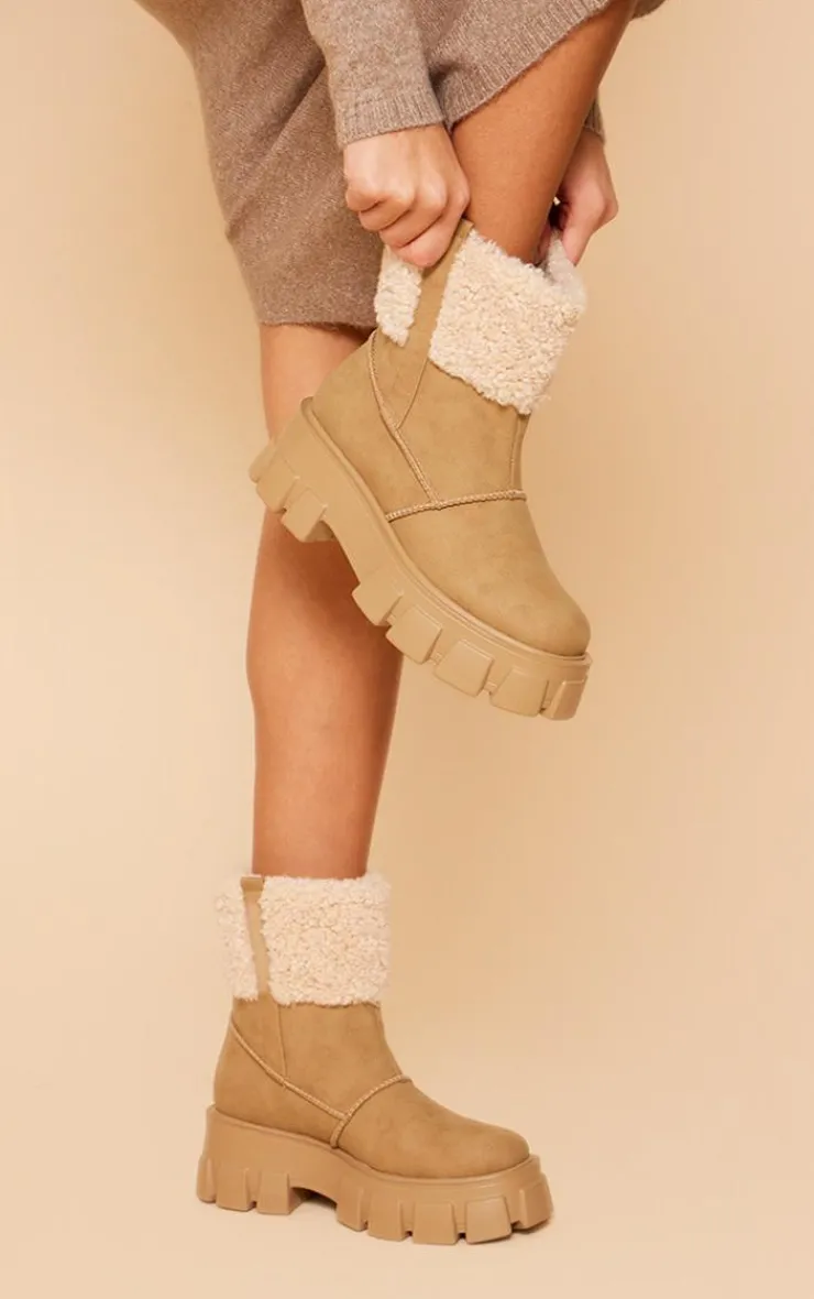 PrettyLittleThing Wide Fit Boots*Wide Fit Faux Suede Shearling Chunky Platform Ankle Boots