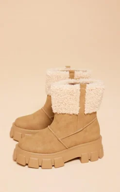 PrettyLittleThing Wide Fit Boots*Wide Fit Faux Suede Shearling Chunky Platform Ankle Boots