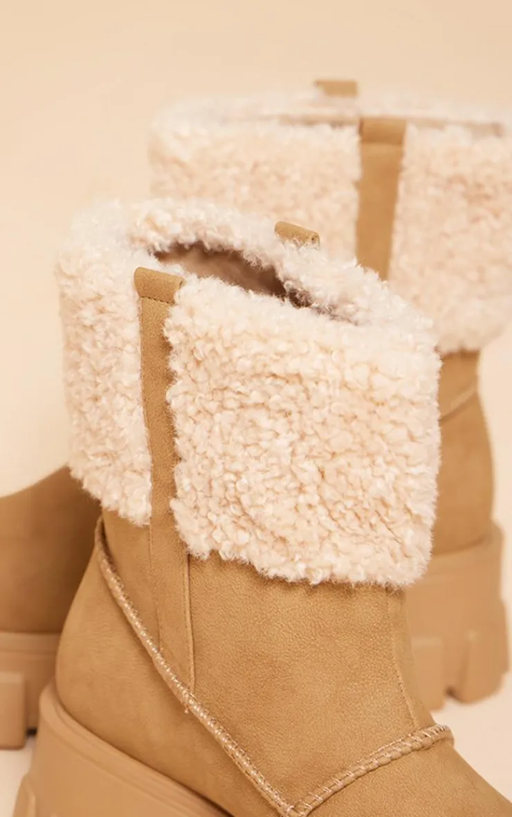 PrettyLittleThing Wide Fit Boots*Wide Fit Faux Suede Shearling Chunky Platform Ankle Boots